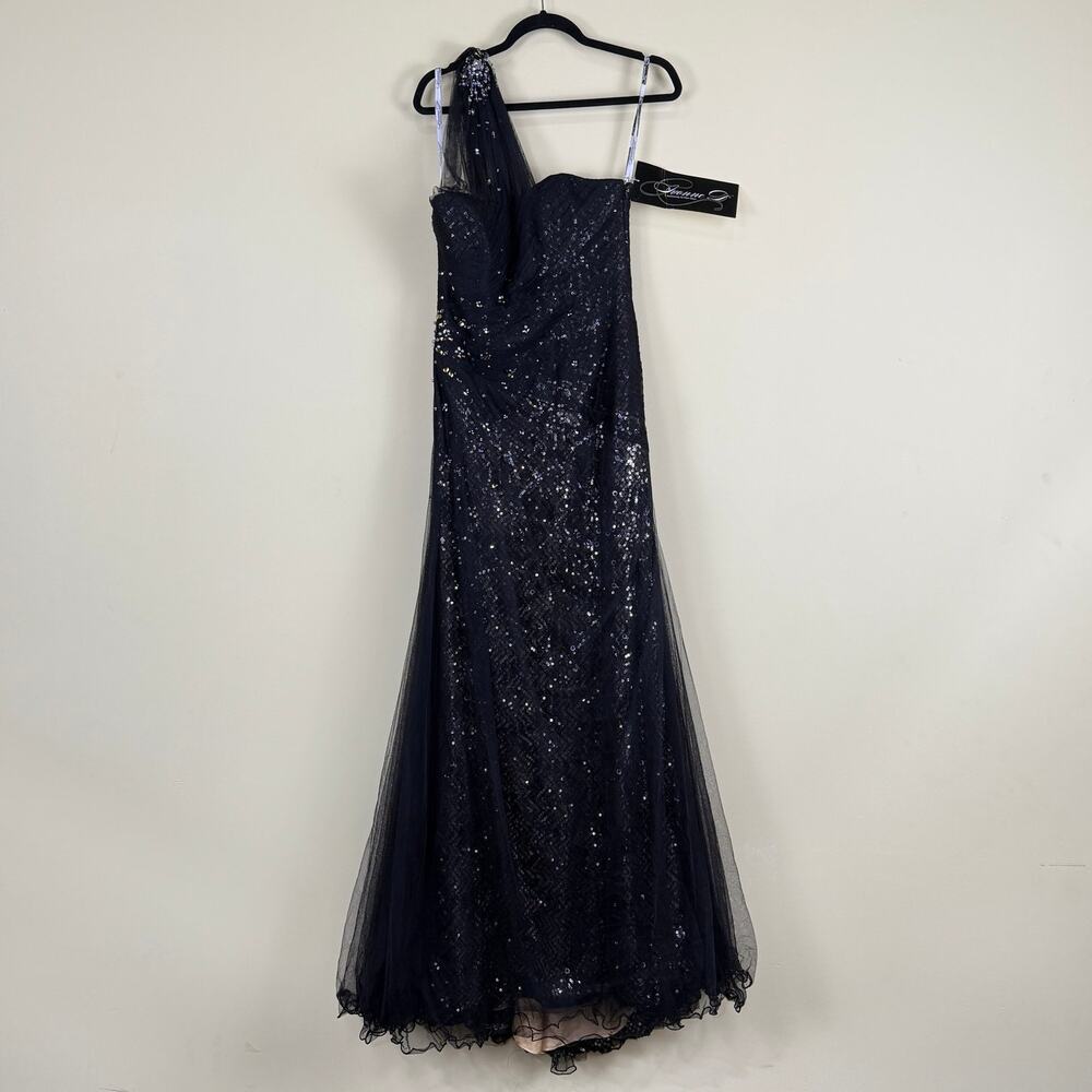 Ivonne D Mon Cheri Black Sequin One Shoulder Tulle Evening Gown New Shawl Size 8
